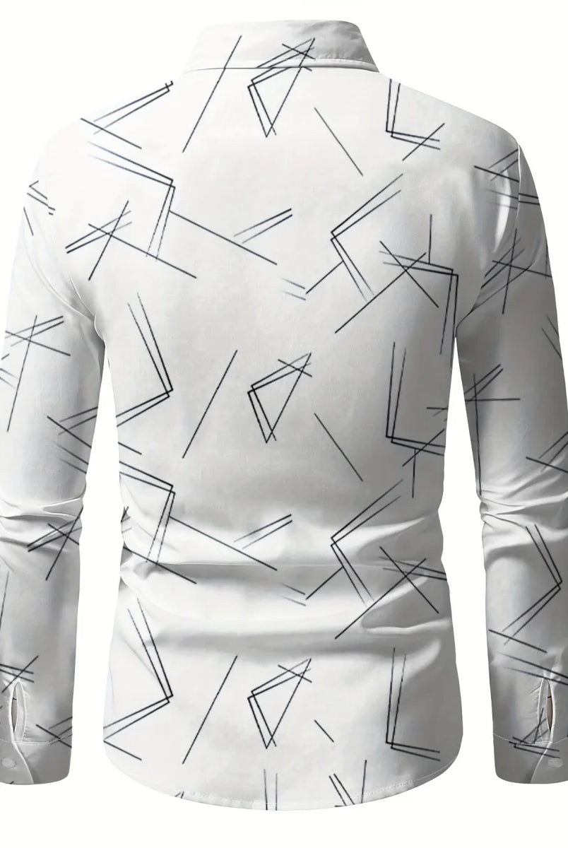 Men's Trendy Geometric 3D Line Print Long-Sleeved Button-Up Shirt in white with black geometric patterns, casual fashion
