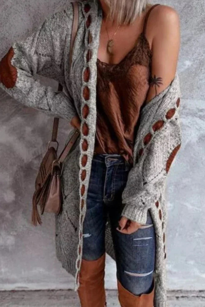 Vintage women oversized hooded long knitted cardigan with plaid pattern, brown coat style, layered over a brown lace