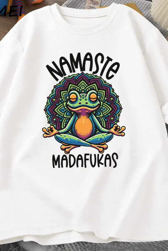 Funny Yoga T Shirt Frog Self Care T-Shirt with colorful frog meditating, cotton short sleeve streetwear for men and women.
