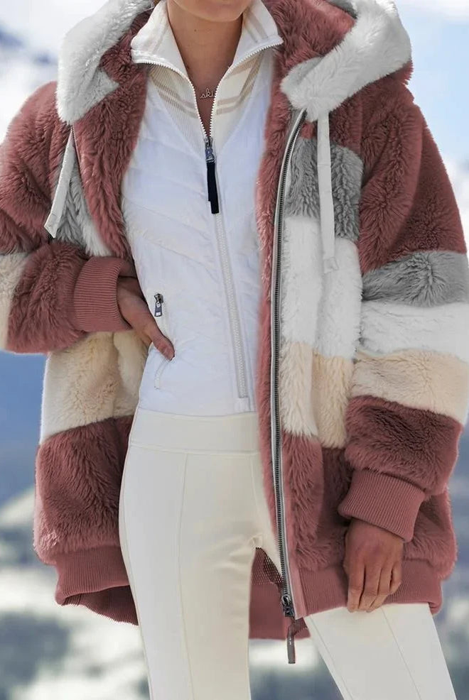 Winter Fashion Women's Coat with hood, zipper, plaid stitching, and cashmere blend fabric, perfect for casual cold-weather wear.