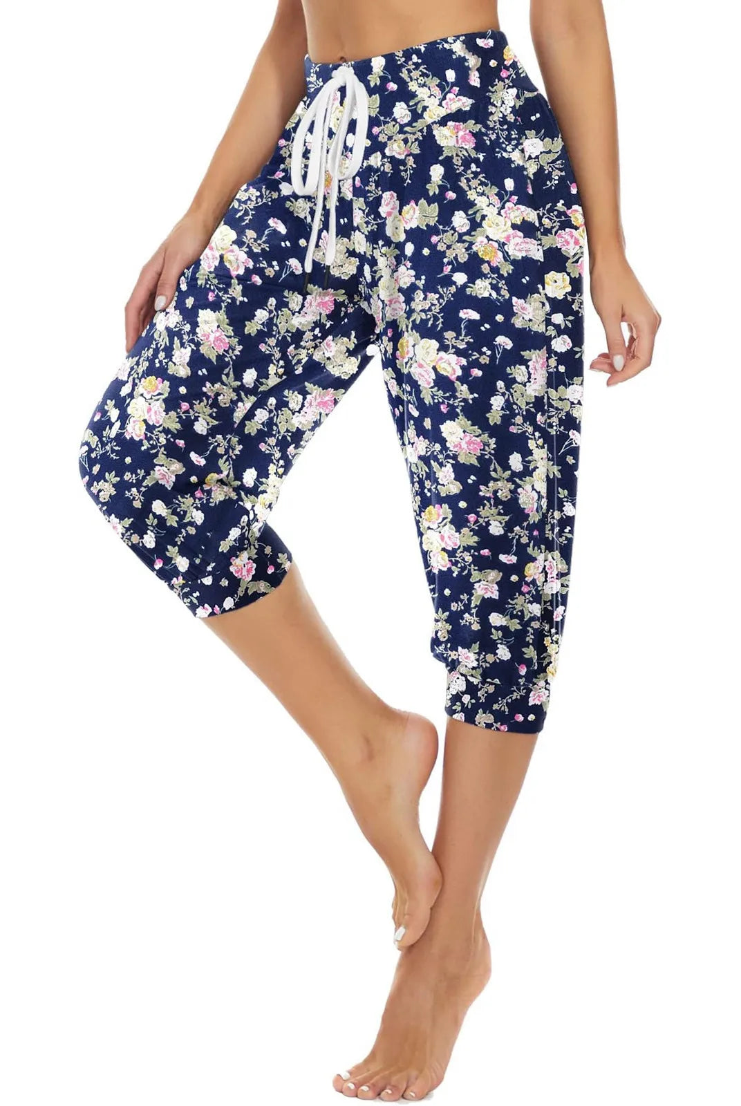 Women's Summer Loose Capri Pants Retro Printed Casual Sports Pants Yoga Pants with Pockets, navy blue floral pattern