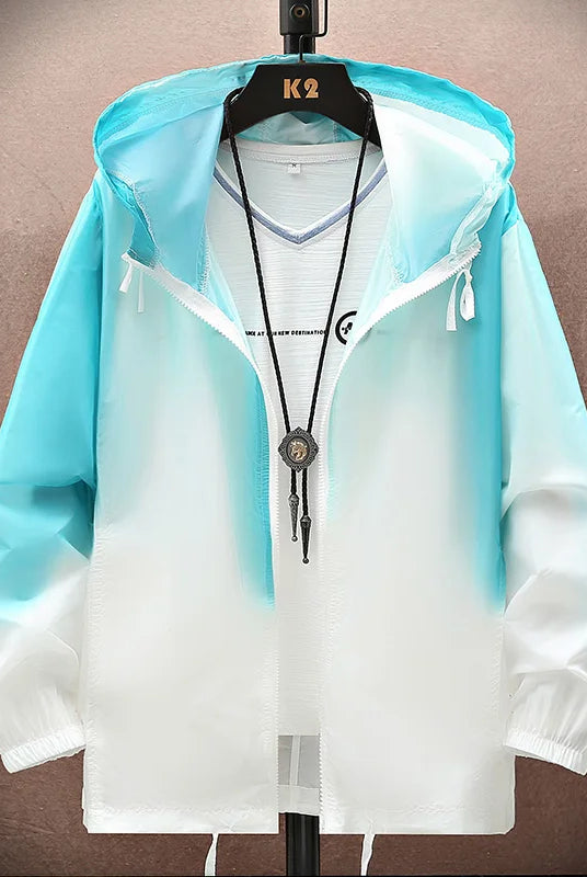 2026 Women Jacket Summer Gradient Y2K Hip Hooded Light Thin Coats Windbreaker with blue and white color blocking