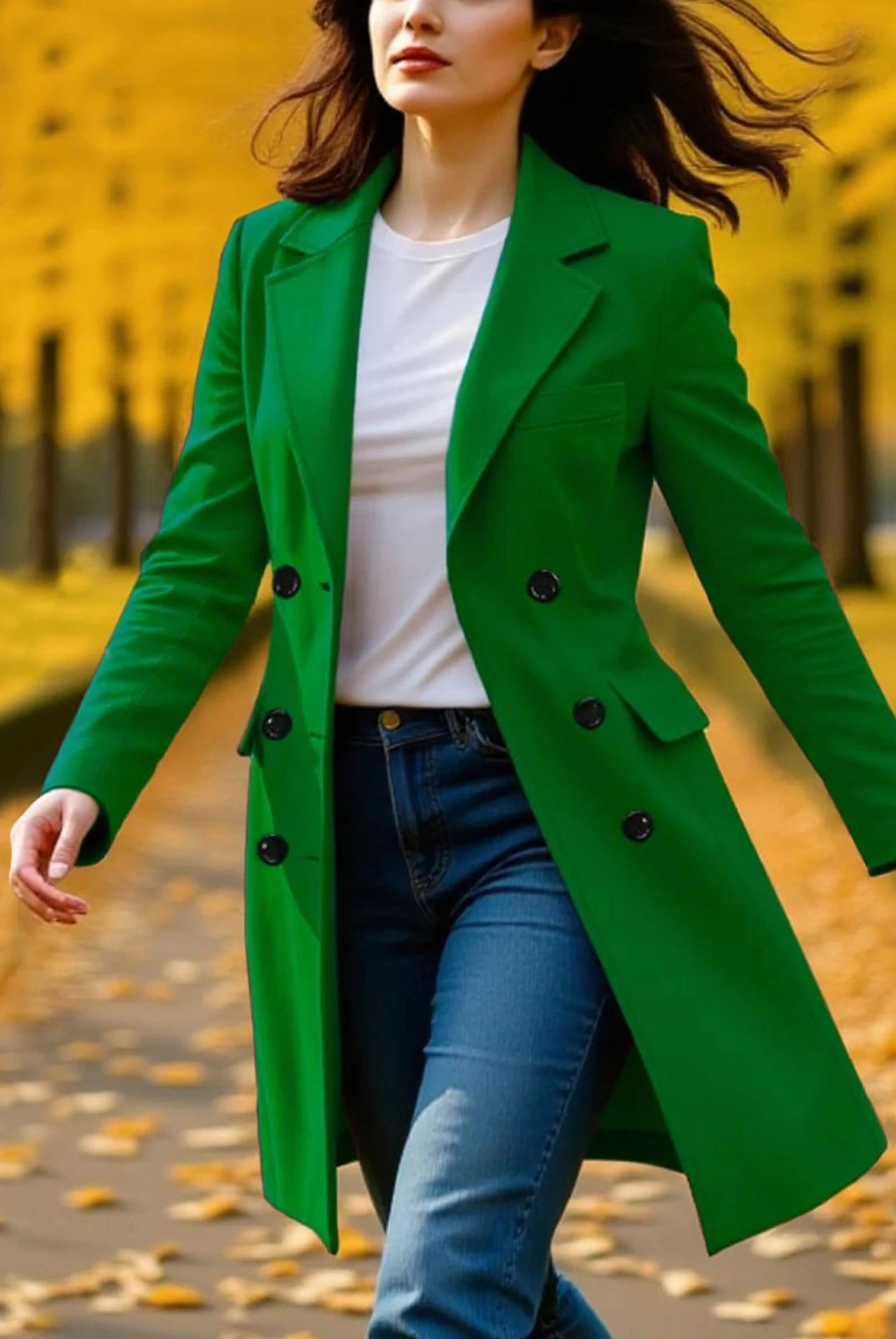 New Women's Coats Autumn Winter Long Sleeve Lapel Breasted Trench Coat in vibrant green, stylish A-line fall jacket for
