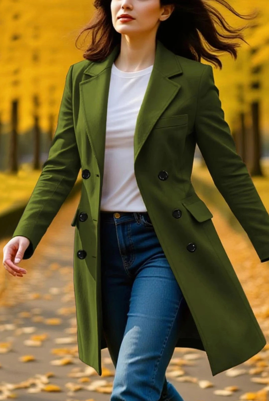New Women's Coats Autumn Winter Long Sleeve Lapel Breasted Trench Coat in olive green, stylish fall and winter jacket for