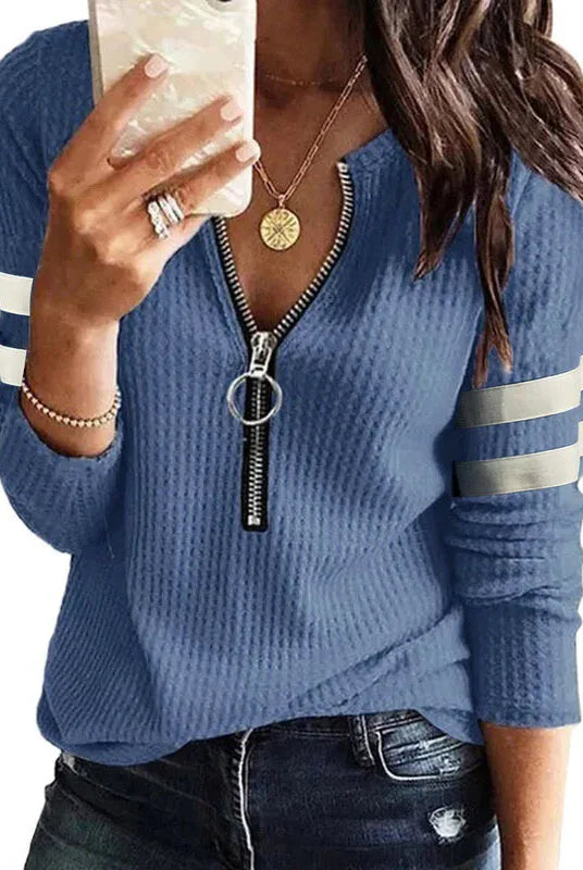 Women's New Spring Fall Stripe Big Zipper Retro Sweater with long sleeves, blue color, ribbed texture, silver zipper, and