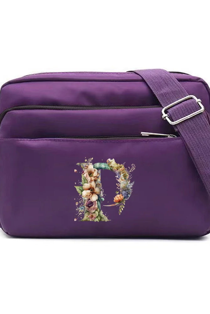 Leisure Purple One Shoulder Crossbody Bag with floral letter series print, large capacity, adjustable strap, made of durable