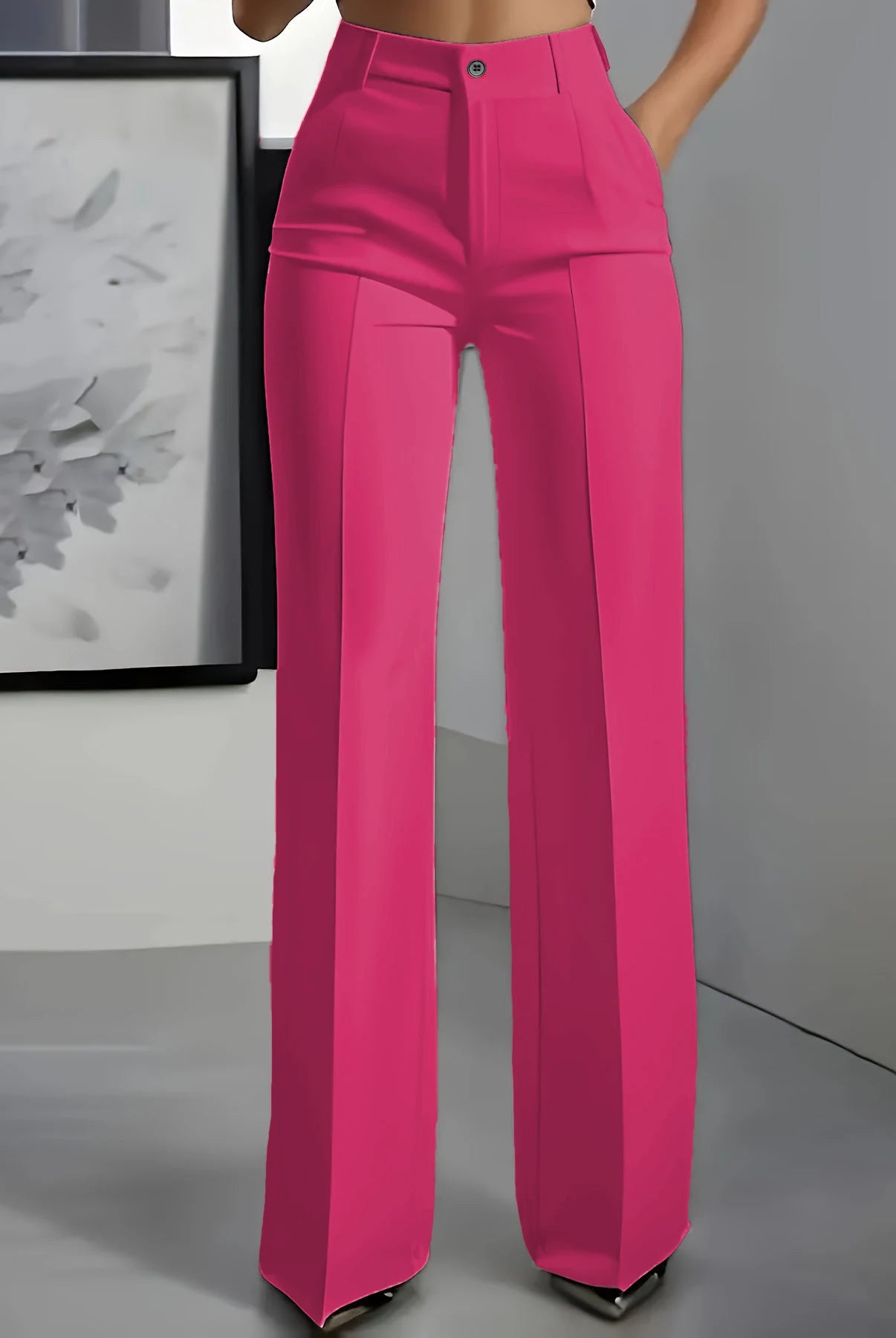 New 2025 Women's High-Waisted Draped Straight-Cut Suit Pants in bright pink, made of smooth fabric, suitable for European American cross-border fashion.