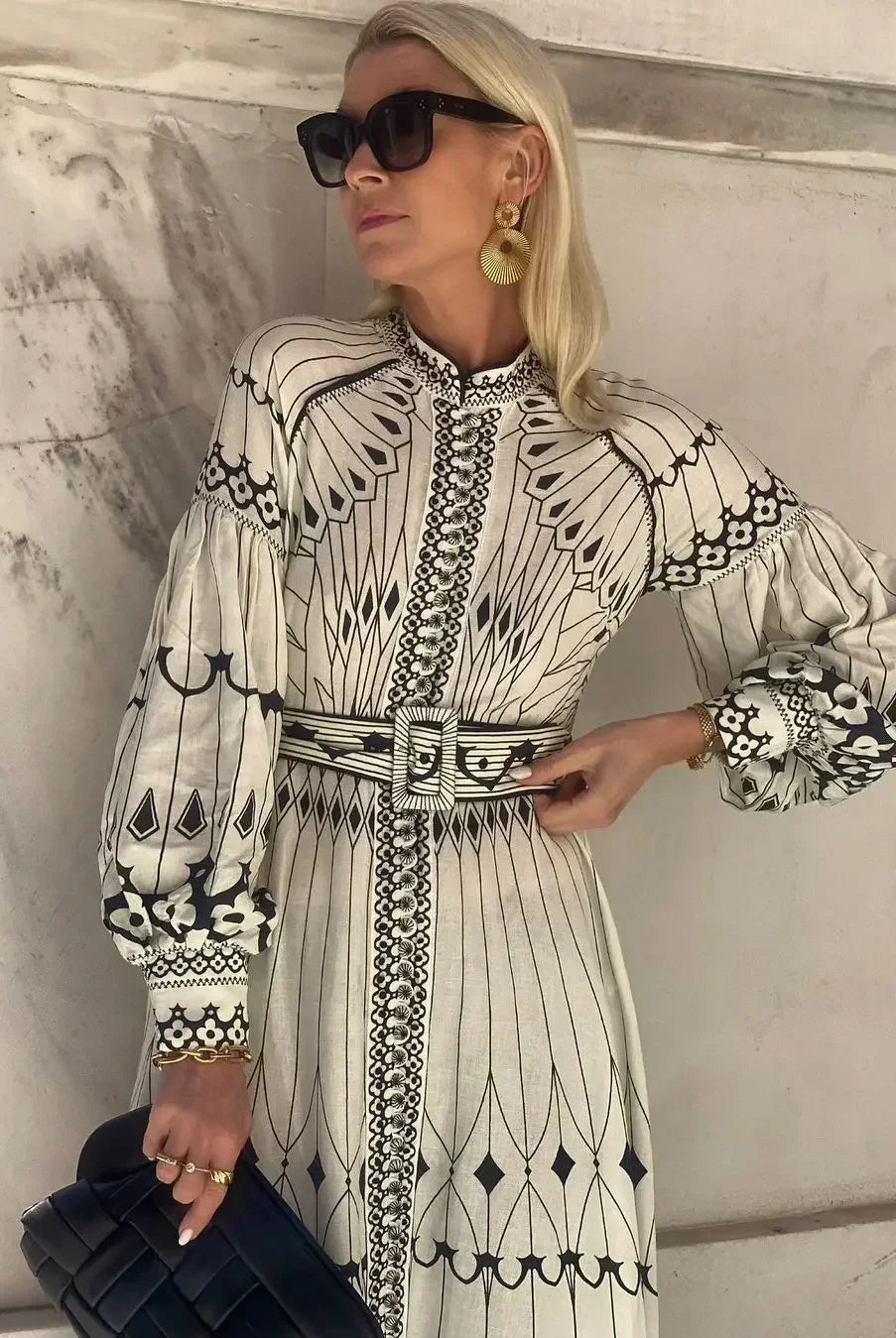 Retro Elegant Stand Collar Long Dress Women Spring Pattern Print Belted Buckle Party Dress Autumn Long Sleeve A-Line Boho