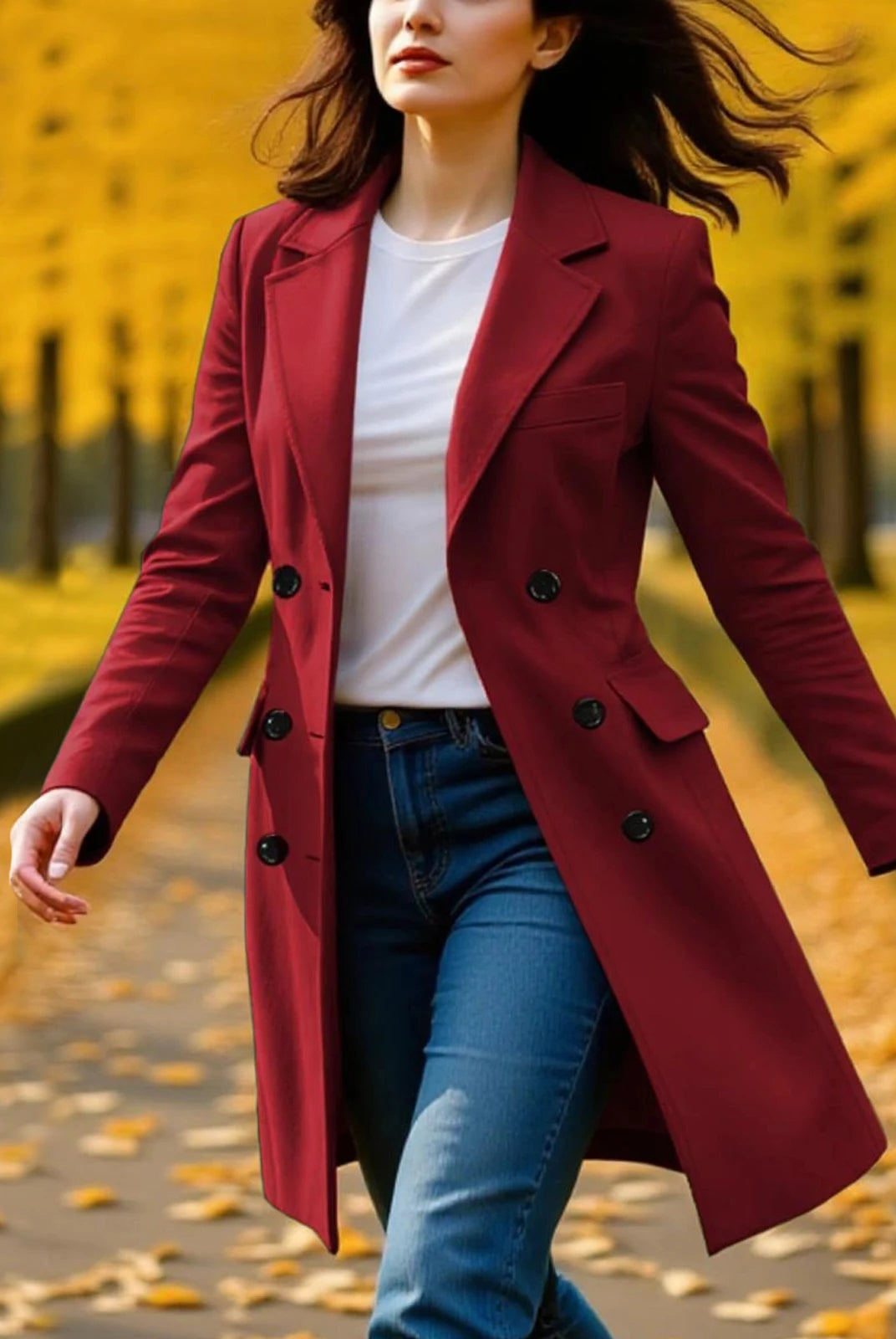 New women's long sleeve lapel breasted trench coat in deep red, stylish A-line fall winter jacket for women.