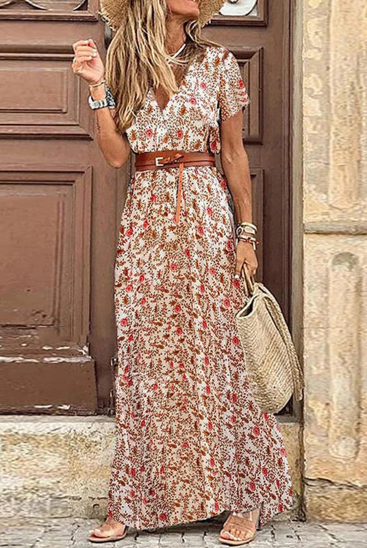 Elegant Floral Pleated H-shaped Midi Dress Female V Neck Puff Sleeve Waist Ruched Button Dresses Women Summer Dress Robe in