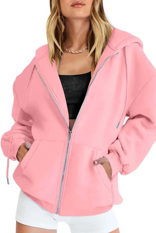 Fashion gray zip-up sweatshirt women autumn winter jacket with hood, long sleeves, daily pockets, solid versatile design.