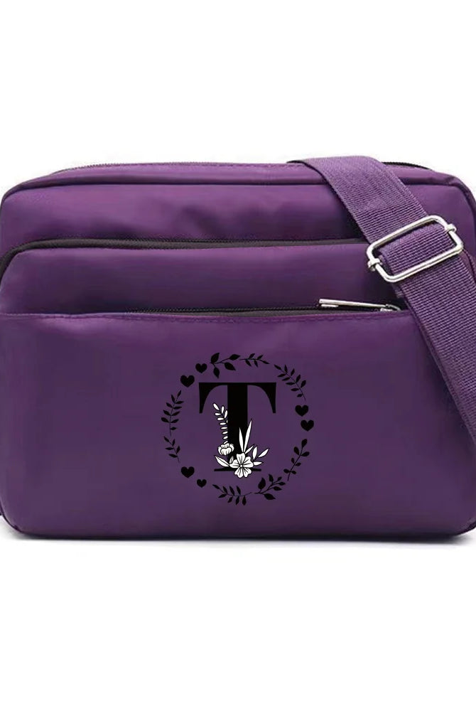 Purple One Shoulder Crossbody Bag with Garland Letter Series Print, large capacity, lightweight nylon material for commuting