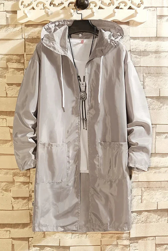 Summer lightweight men's windbreaker with hood, sun protection long coat in silver, casual outdoor beachwear for male and
