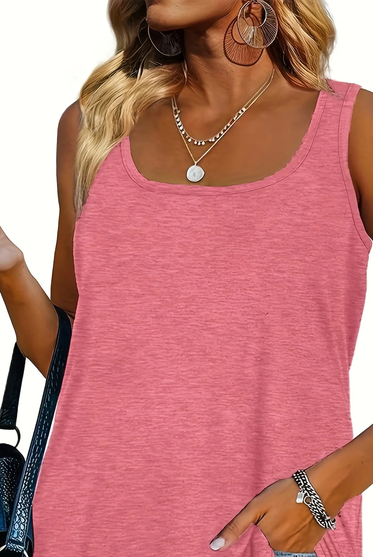 Plus size women's solid pink polyester summer vest with U-neck, dolphin hem, elastic fit, casual American style.