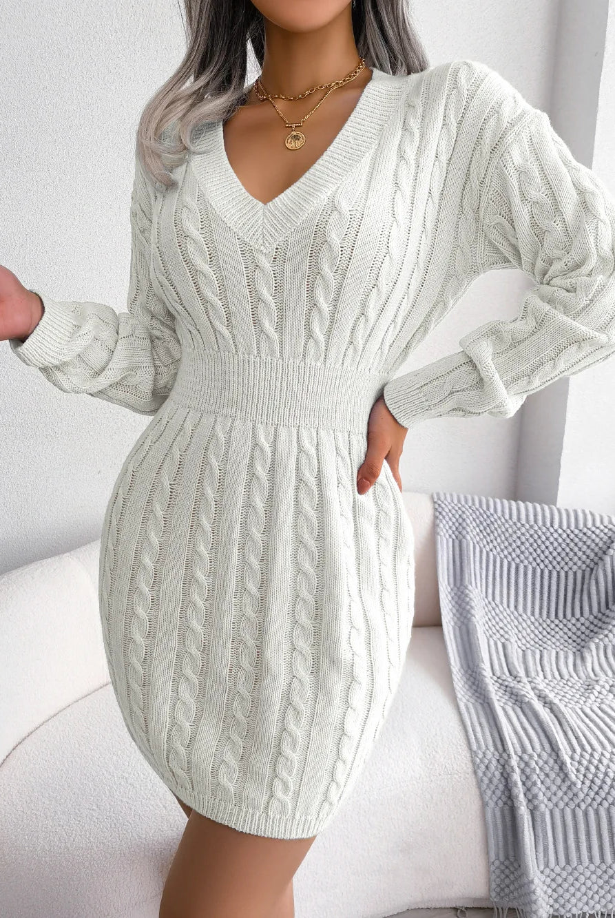 VigoCasey 2025 V Neck Casual Short Knit Dress in khaki, long sleeve, bodycon style, suitable for autumn and winter women.