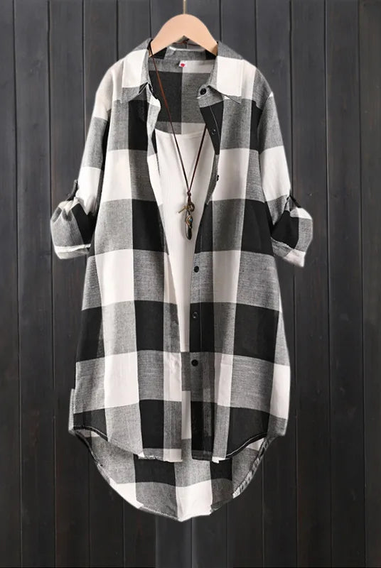 Women's plaid shirt casual blouse for women with long sleeves, check linen cotton fabric, long button-up style.