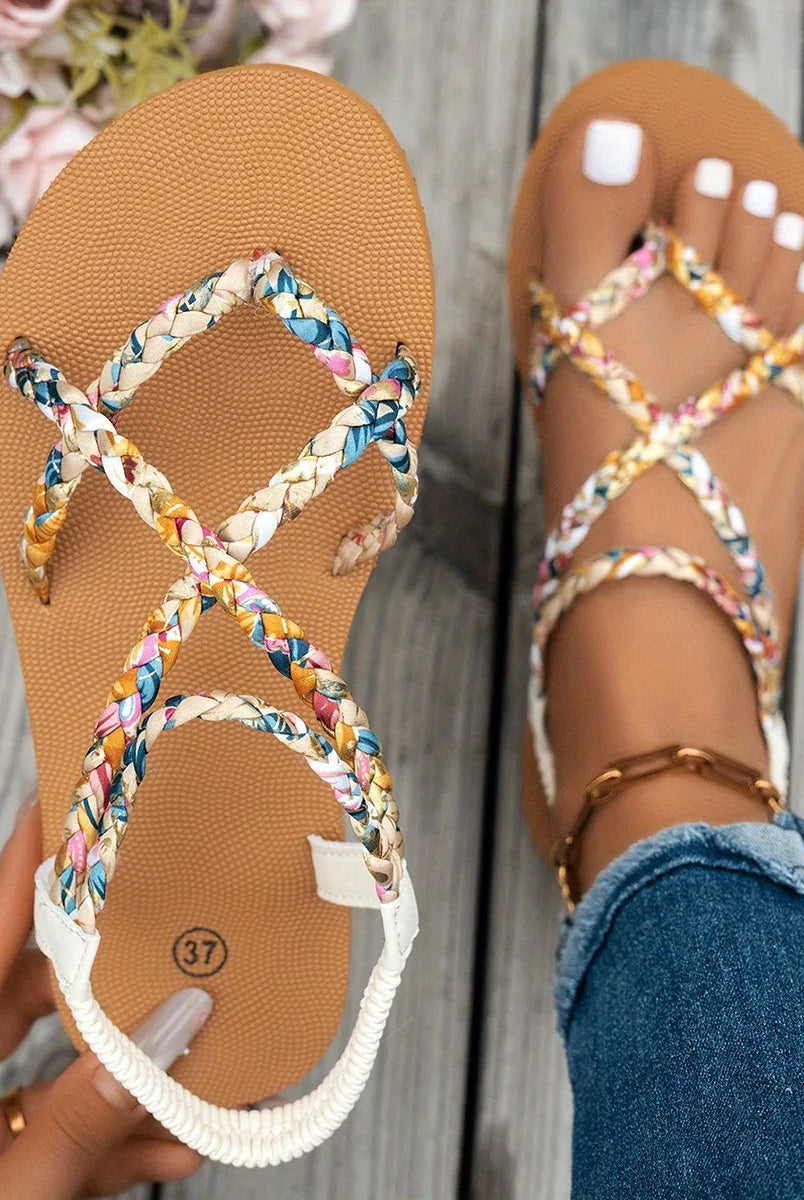 Fashionable lightweight large size beach sandals for women with colorful braided straps, round head, fish mouth design, worn