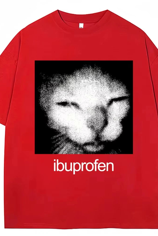 2025 Vintage Funny Ibuprofen Cat Meme Graphic T Shirt in red with black and white cat face print, oversized casual