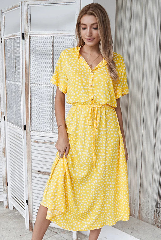 Vintage Floral Print Dress Women Boho Short Sleeve Long Dress with turn-down collar, casual waistband, in yellow with white
