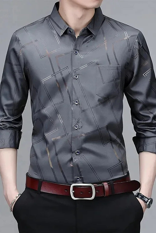Men's Casual and Fashionable Long Sleeved Printed Shirt in dark gray with geometric patterns, wrinkle-resistant, non-ironing business top.