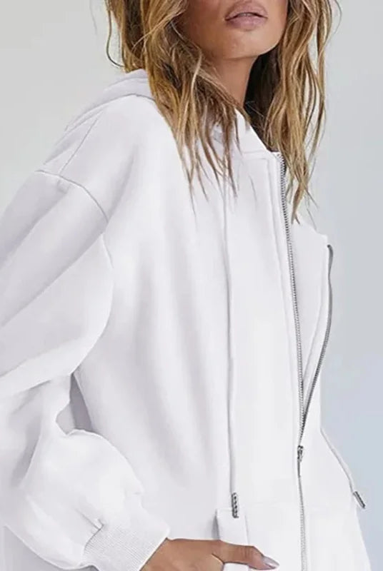 Fashion gray zip-up sweatshirt women autumn winter jacket with hood, long sleeves, daily pockets, solid versatile lady hoodie