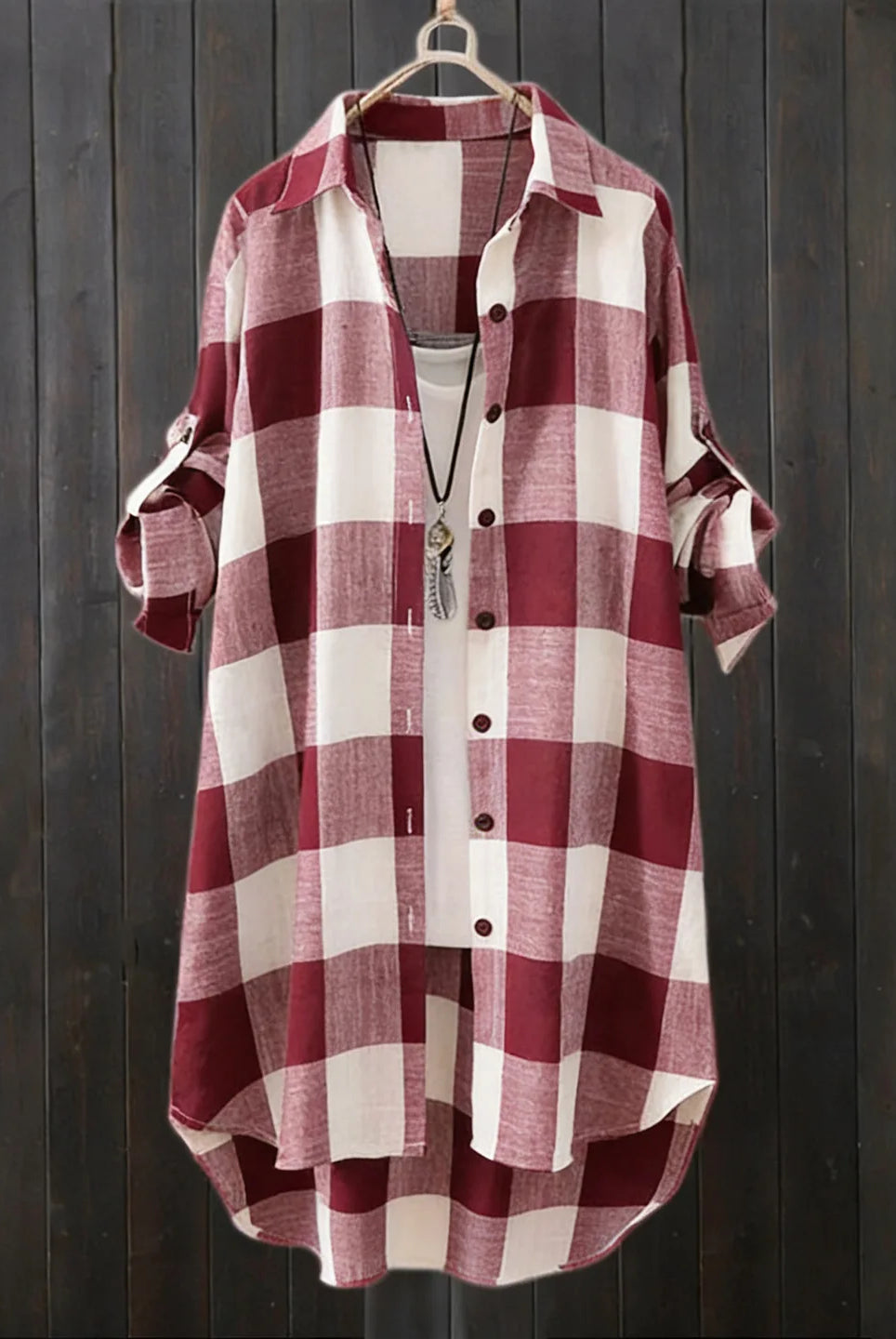 Women's plaid shirt casual blouse for women, long sleeve check linen cotton fabric, button-up style with red and white pattern.