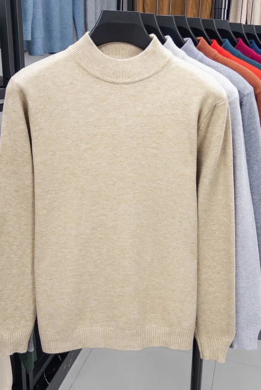 Half turtleneck knitwear sweater for men in solid beige, suitable for autumn and winter casual wear.