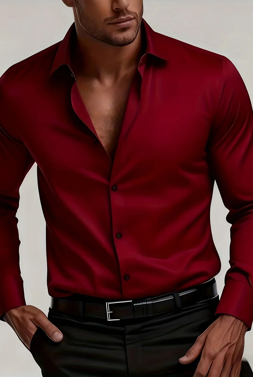 Men's Trendy Geometric 3D Line Print Long-Sleeved Shirt in white with black buttons, casual men's button-up shirt with lapel