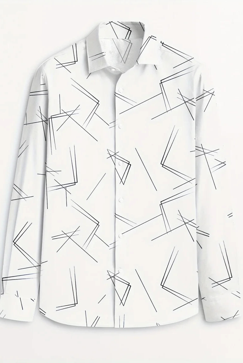 Men's Trendy Geometric 3D Line Print Long-Sleeved Button-Up Shirt in white with black abstract line patterns, casual fashion.