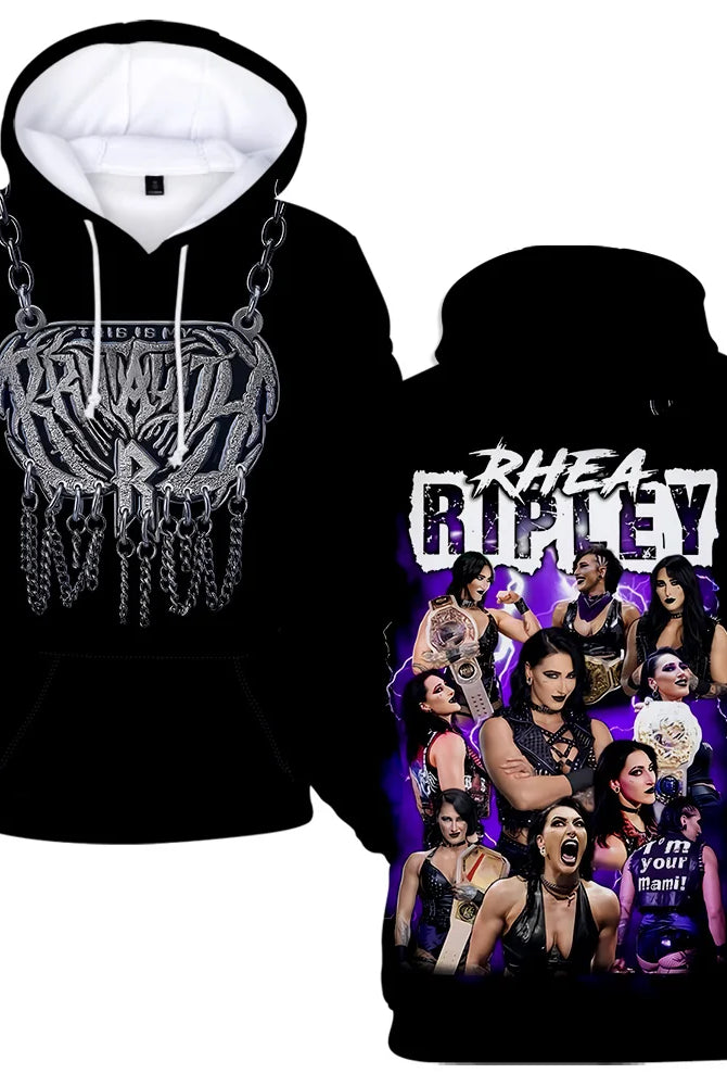 Rhea Ripley Hoodie Merch for women and men featuring a graphic of multiple female wrestlers, purple lightning background, streetwear style.