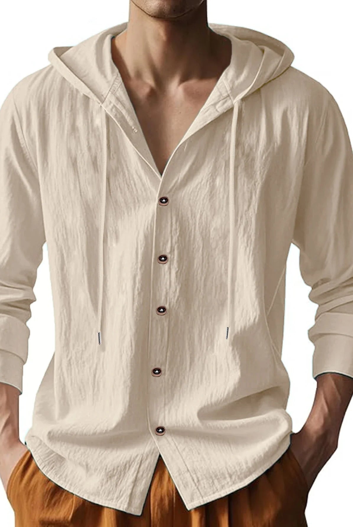 Summer Hot Sale Beach Style Shirts Men's Long-Sleeved Hood Cotton Linen Solid Color Casual Collar Shirt in beige with buttons