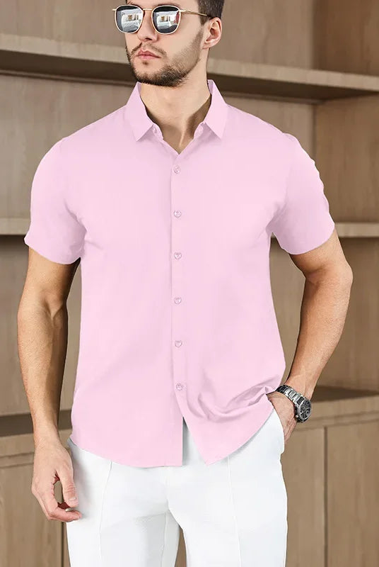 New Men's Business Casual Solid Color Short Sleeve Shirt for Summer Fashion, No Ironing, Comfortable and Versatile Top, Light Pink