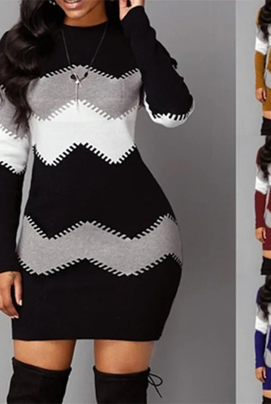 Women Elegant Patchwork Long Sleeve Warm Dress 2022 Autumn Winter Rib Knit Sweater Dress with turtleneck, casual mini dress