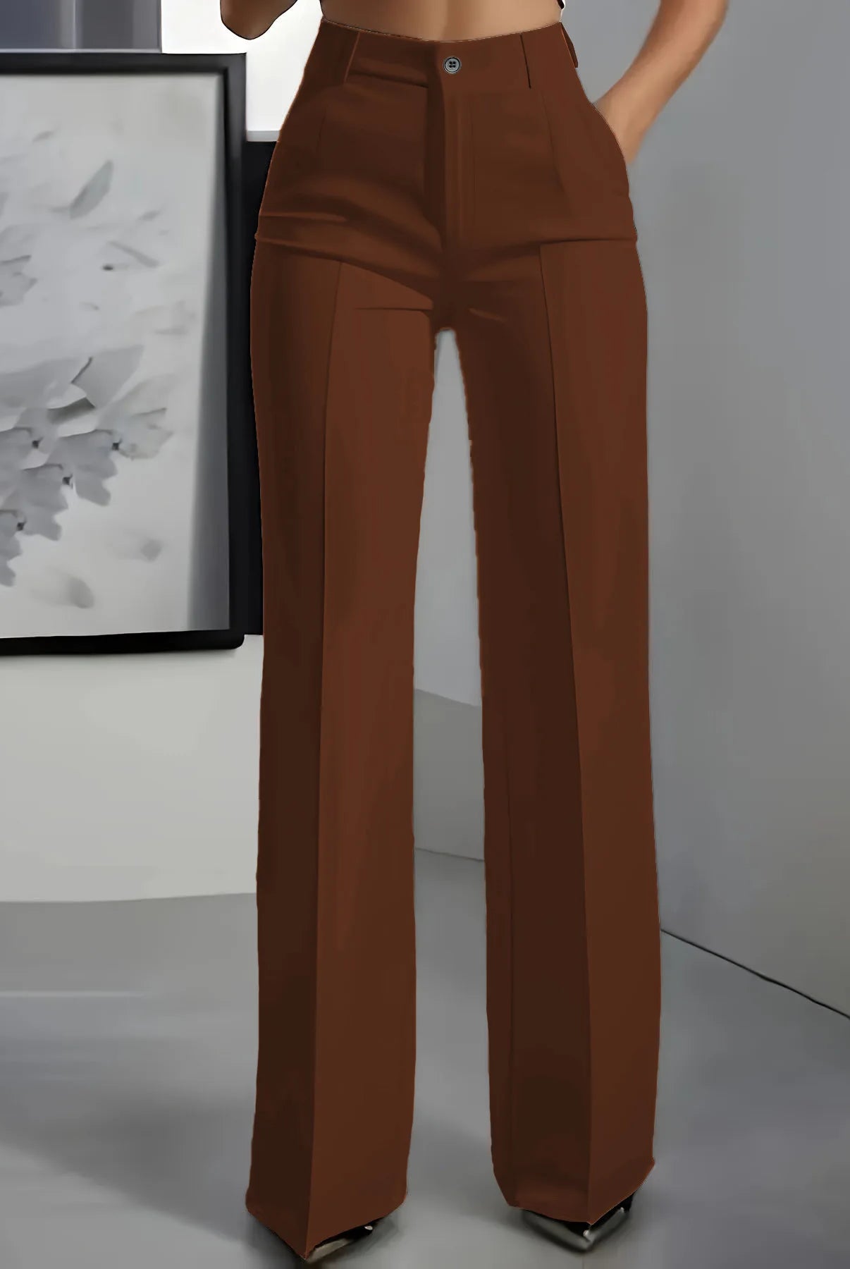 Women's High-Waisted Straight-Leg Trousers Formal Office Trousers Slim-Fit Cut Classic Solid-Colour Suit Trousers in brown fabric, worn for professional or formal wear.