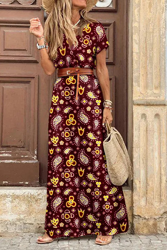 Elegant Floral Pleated H-shaped Midi Dress Female V Neck Puff Sleeve Waist Ruched Button Dresses Women Summer Dress Robe in