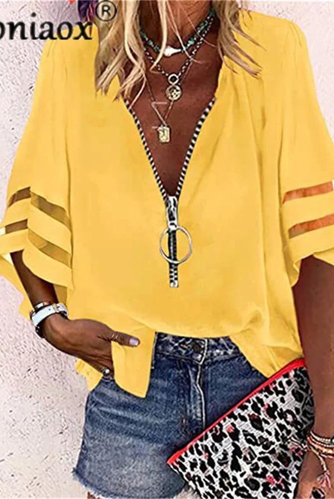 Sexy Lace Patchwork Flared Sleeve Mesh Solid Shirt Blouse in bright yellow with zipper V-neck, casual summer streetwear for
