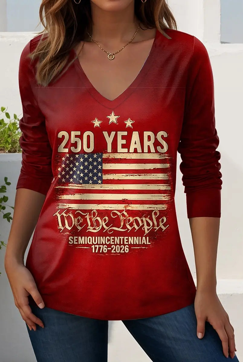 Vintage US Flag 250th anniversary women's long sleeve T-shirt with 3D patriotic print, semi-quincentennial design, red