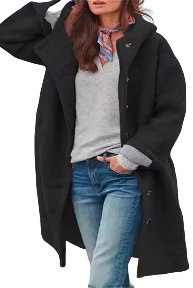 Women Windbreaker Jacket Stylish Hooded Overcoat with Pockets, long sleeves, black exterior, gray lining, windproof design