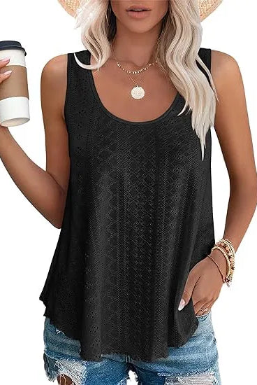 Solid color black casual sleeveless oversized T-shirt for women, breathable summer tank top with loose fit and trendy design.
