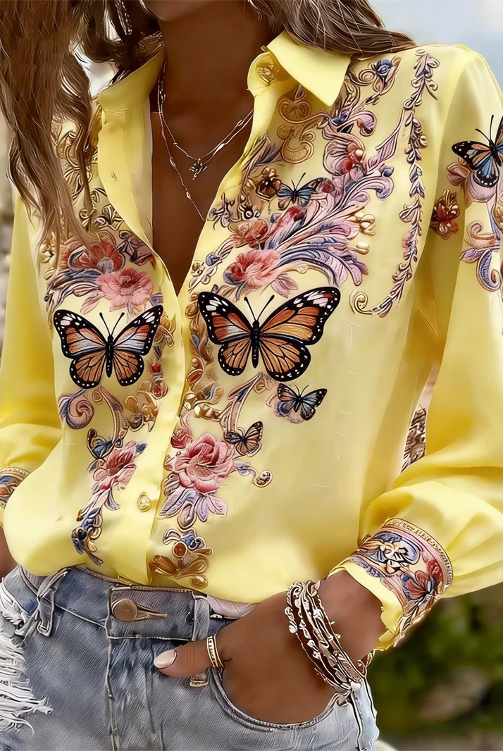 New 11 color long-sleeved women's shirt with 3D butterfly and floral print, featuring tree branch pattern on the lapel, made of lightweight fabric.