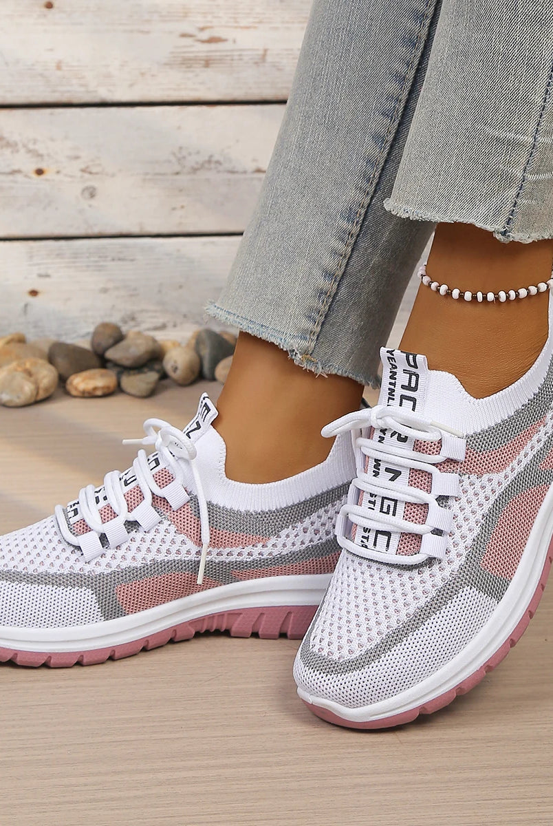 Women's summer 2026 casual sneakers with white mesh upper, pink and gray accents, PVC soft sole, and lace-up design.