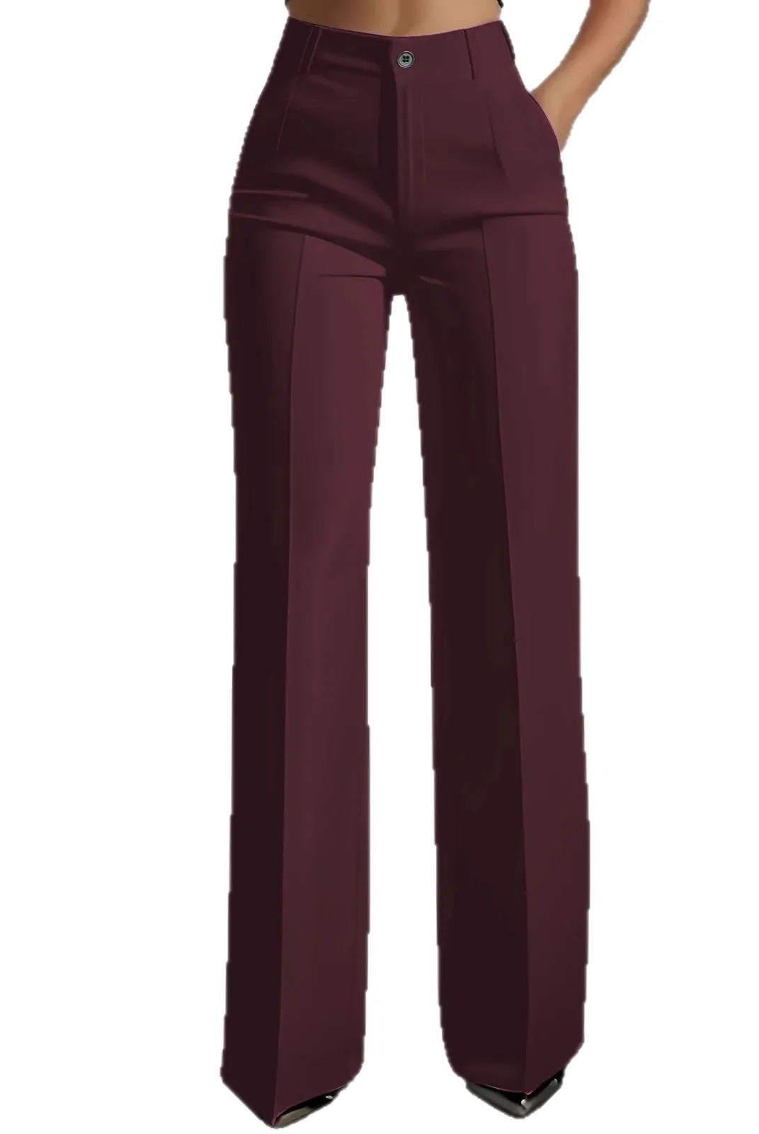 Women's high-waisted straight-leg trousers in dark burgundy, formal office style, slim-fit cut, solid color, tailored design.