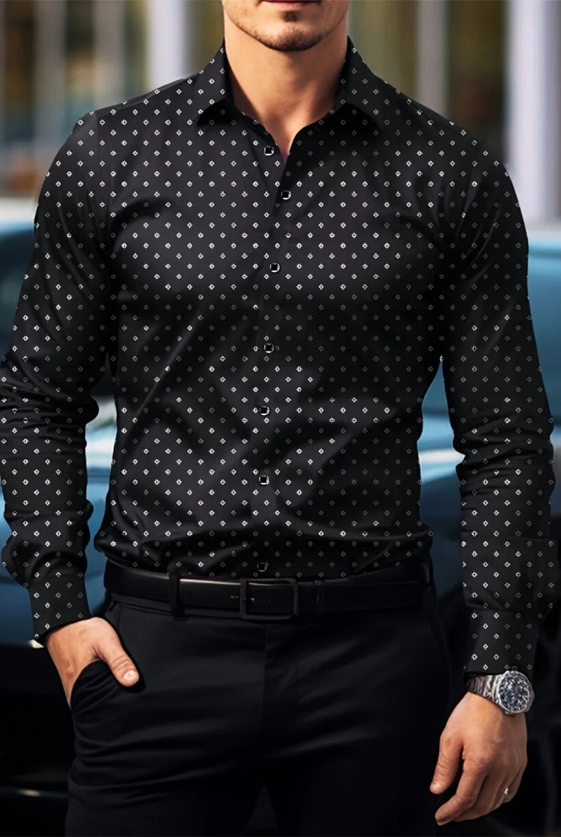 Men's Trendy Geometric 3D Line Print long-sleeved white lapel shirt, casual button-up shirt with black background and small