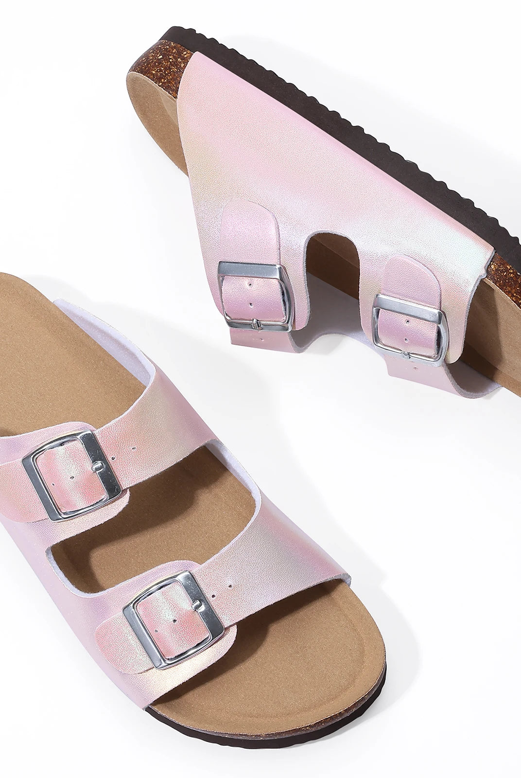 Comwarm New Women's Gradient Slippers with pink leather straps, double buckle, cork sole, summer beach flat shoes.
