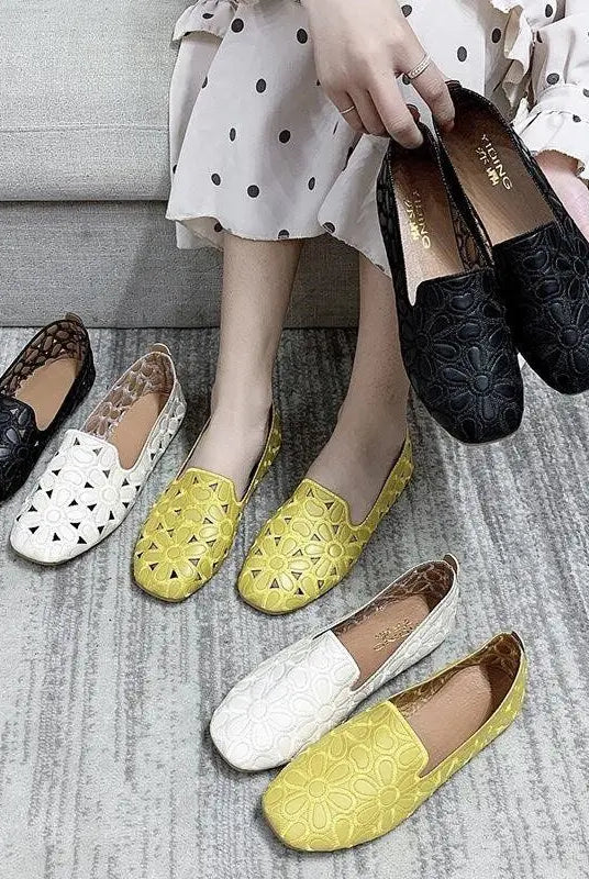 Size 35-42 square toe summer shoes for women with embroidery, slip-on loafers, moccasins, and ballet flats in black, white