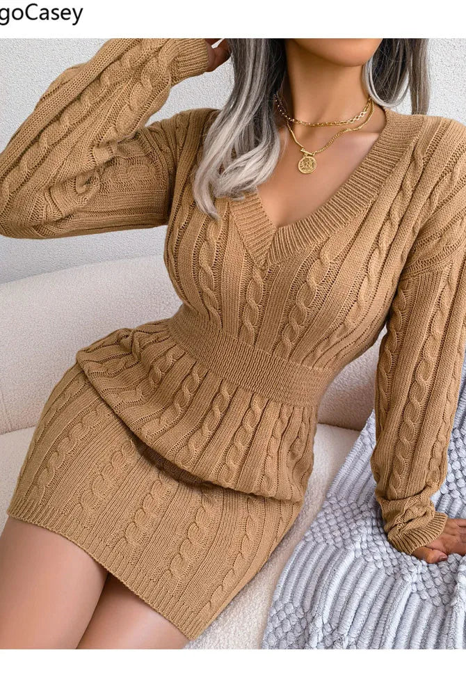 VigoCasey 2025 V Neck Khaki knit dress for women, long sleeve, bodycon style, suitable for autumn and winter seasons.