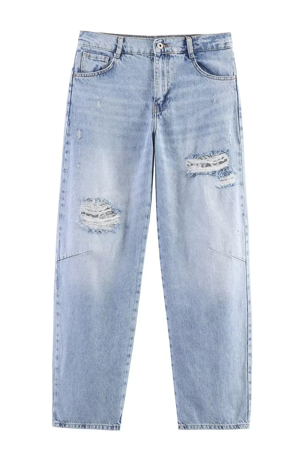 HH Spring Women Chic Lapel Single-breasted Lace Long Sleeve Short Denim Jacket with distressed ripped jeans, light blue