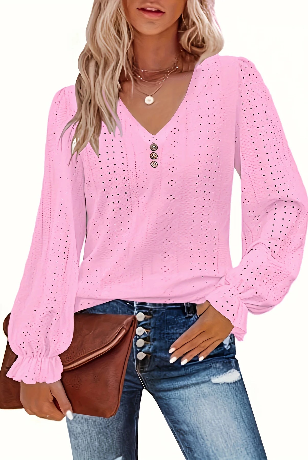 Plus Size Eyelet Button Decor T-Shirt for women in pink with long sleeves, V-neck, and spring-fall casual style.