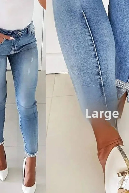 Slim Fit Denim Jeans Butterfly Stick Flower Bead Open Split Ankle Length Slimming Pencil Long Trousers Women's Fashion