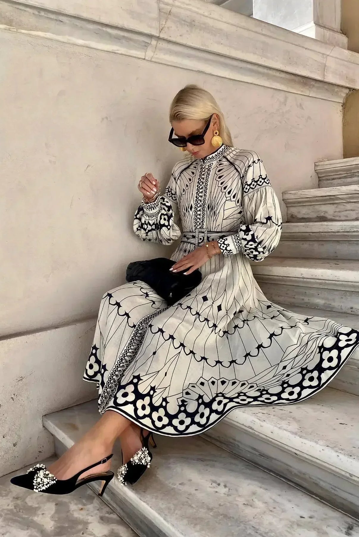 Retro Elegant Stand Collar Long Dress Women Spring Pattern Print Belted Buckle Party Dress Autumn Long Sleeve A-Line Boho